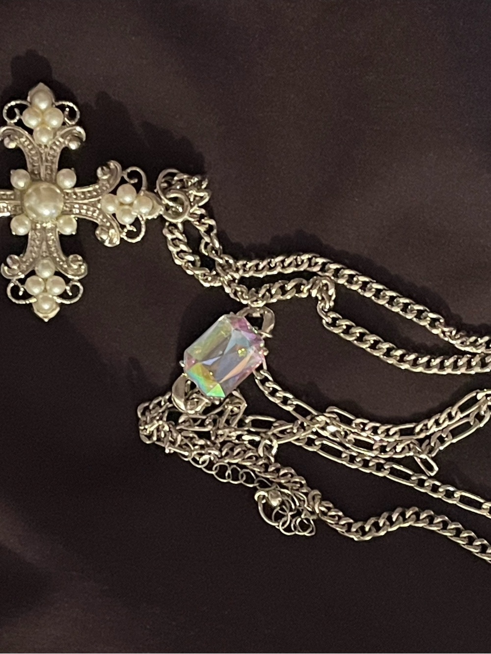 Silver-tone Cross Pendant Necklace with Pearl Accents and Aurora Crystal